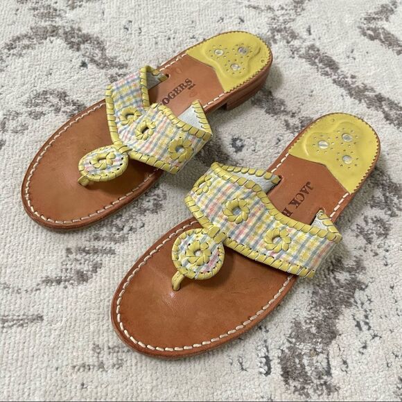 Jack Rogers Navajo Yellow Pastel Multi Plaid Leather Flip Flop Sandals 9 - Picture 2 of 9